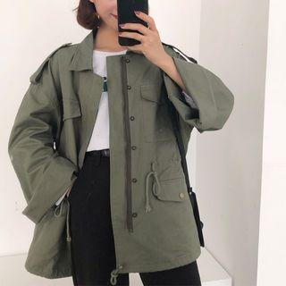 Drawstring Cargo Jacket Brownish Green - One Size