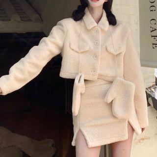 Collared Single-breasted Fleece Jacket / Mini A-line Skirt / Gloves