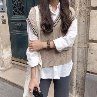 Striped Cable Knit Vest / Long-sleeve Plain Shirt