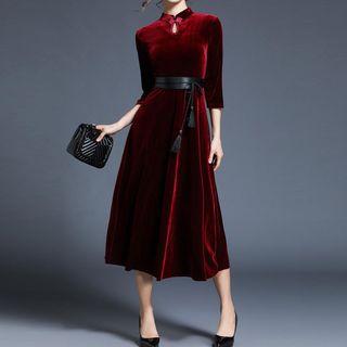 3/4 Sleeve Velvet Midi Dress With Tasseled Belt