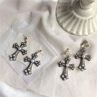 Faux Pearl Cross Dangle Earring 1 Pair - Clip On Earring - One Size