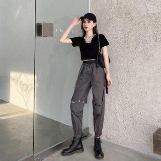 Chain Short-sleeve Cropped T-shirt / Cutout Harem Cargo Pants