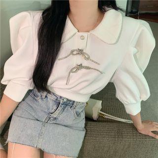 Peter Pan Collar Puff-sleeve Cropped Top White - One Size