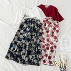 Set: Letter Print Short Sleeve T-shirt + Floral Print Midi A-line Skirt