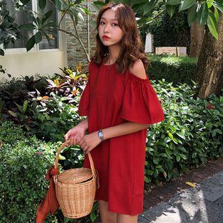 Cutout Shoulder Lace-up Back Short-sleeve Dress