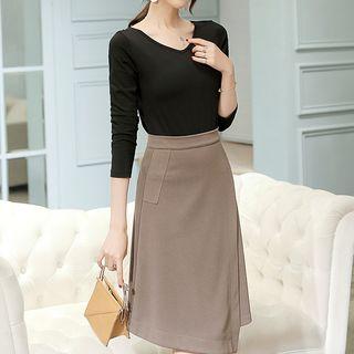 Set: Plain Long-sleeve Top + Midi Skirt