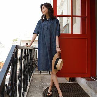 Elbow-sleeve Pintuck Midi Denim Dress