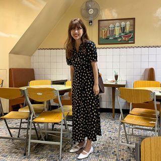 Flower Print Short-sleeve Maxi Shift Dress Black - One Size