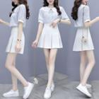 Set Of 2 - Ruffle Collar Floral Short-sleeve Top + Plain Accordion Pleat Skirt