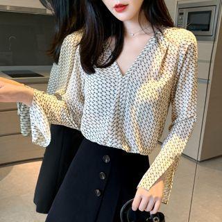 Printed V-neck Slit-cuff Long-sleeve Blouse