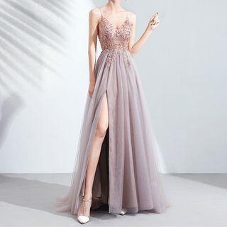 Spaghetti Strap Bead Floral A-line Evening Gown