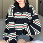Loose-fit Long-sleeve Striped Polo Shirt As Shown In Figure - One Size