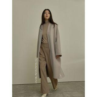 Open-front Woolen Coat With Shawl Scarf Light Beige - One Size