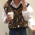 Plain Shirt / Leopard Print Knit Vest