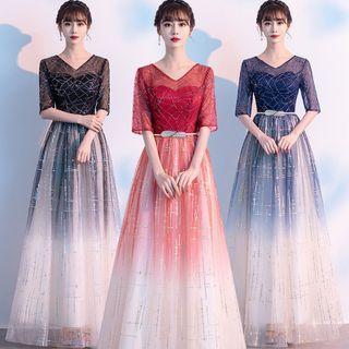 Short-sleeve Gradient Maxi Bridesmaid Dress