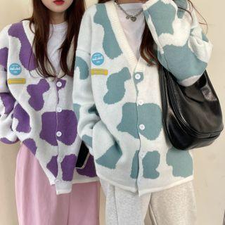 Cow Print V-neck Patch Loose-fit Cardigan