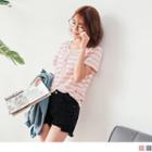 Short Sleeve Mock Two Piece Striped Button T-shirt