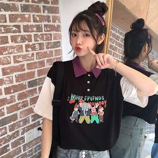 Short-sleeve Cartoon Print Panel Polo Shirt
