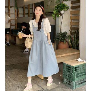 Puff-sleeve Ruffled Blouse / Midi Overall Dress
