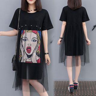 Short-sleeve Sheer Panel Printed Midi Dress