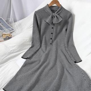 Bow-neck Houndstooth Midi A-line Dress