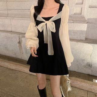 Puff-sleeve Two-tone Bow A-line Dress