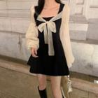 Puff-sleeve Two-tone Bow A-line Dress