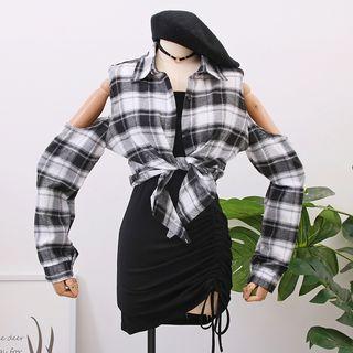 Set: Off-shoulder Plaid Shirt + Drawstring Sleeveless Mini Dress Black - One Size