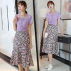 Set: Short Sleeve Ruched Top + Floral A-line Skirt