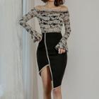 Set: Lace Off-shoulder Flared-sleeve Top + Contrast Trim Pencil Skirt