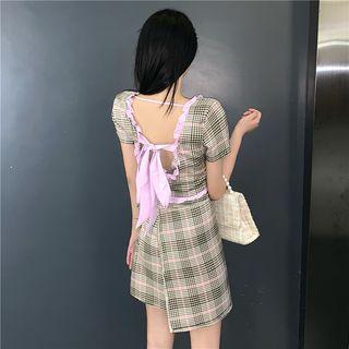 Set:plaid Ruffled-trim Lace-up Short-sleeve Top + High-waist Skirt