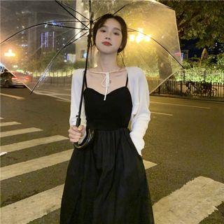 Plain Spaghetti-strap Dress + Tied Long-sleeve Cardigan