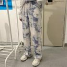 High Waist Tie-dyed Straight Leg Pants White & Grayish Blue - One Size