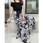 Set: Plain Off Shoulder Short Sleeve T-shirt + Floral Print Wide Leg Pants