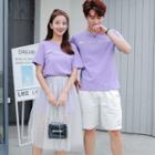 Couple Matching Set: Lettering Short-sleeve T-shirt Dress + Mesh Skirt / Lettering Short-sleeve T-shirt / Plain Shorts
