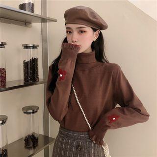 Faux Pearl Flower Print Turtleneck Knit Top