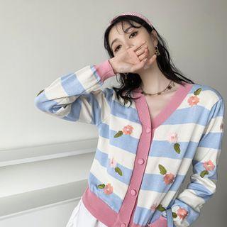 Striped Flower Embroidered Cardigan White & Blue - One Size