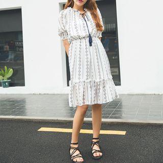 Off-shoulder Patterned Elbow-sleeve Dress