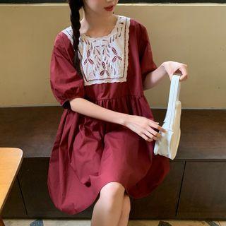 Balloon-sleeve Leaf Print A-line Dress