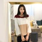 Round-neck Color-block Knit Top Wine Red - One Size
