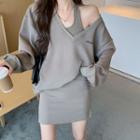 Set: Halter-neck Mini Bodycon Dress + V-neck Sweatshirt Set Of 2 - Gray - One Size