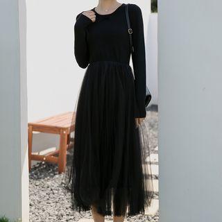 Long-sleeve Overlay Knit Midi Dress