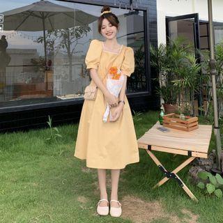 Puff-sleeve Lace Trim Midi A-line Dress Yellow - One Size