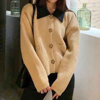 Cropped Collared Cardigan Beige - One Size