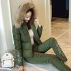 Set: Furry Hooded Padded Jacket + Padded Pants
