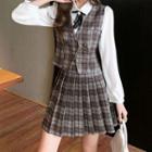 Set: Mock Two-piece Plaid Blouse + Mini Pleated Skirt