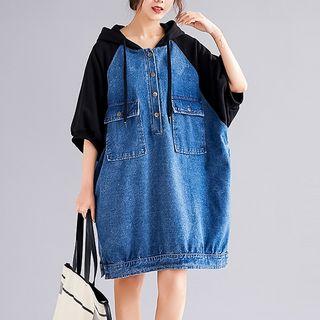 Elbow-sleeve Denim Panel Hoodie Dress As Shown In Figure - One Size