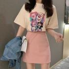 Short-sleeve Clown Print T-shirt / A-line Mini Skirt