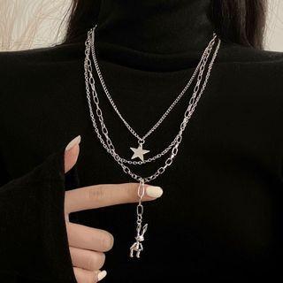 Rabbit Pendant Layered Alloy Necklace Set Of 3 - Silver - One Size