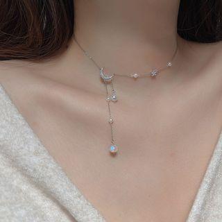 Moon & Star Faux Pearl Fringed Alloy Choker Silver - One Size